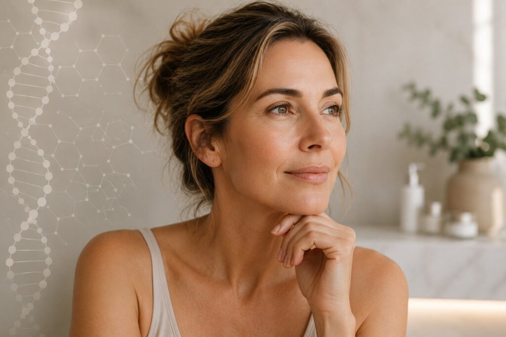 Woman with healthy, glowing mature skin, representing skin health through menopause
