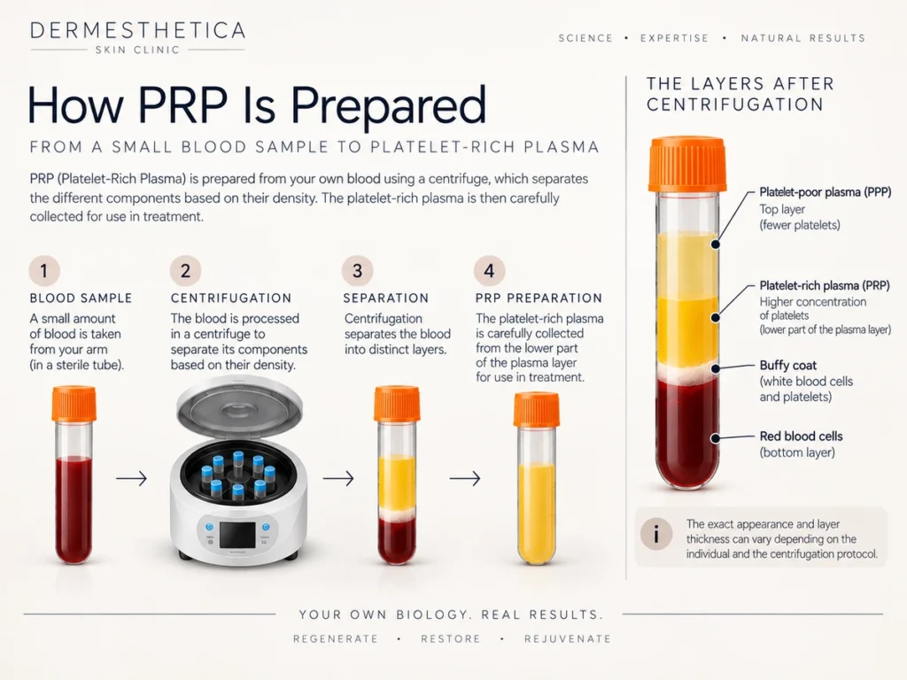 How PRP is prepared: blood sample, centrifugation, separation and PRP preparation, with the layers after centrifugation labelled
